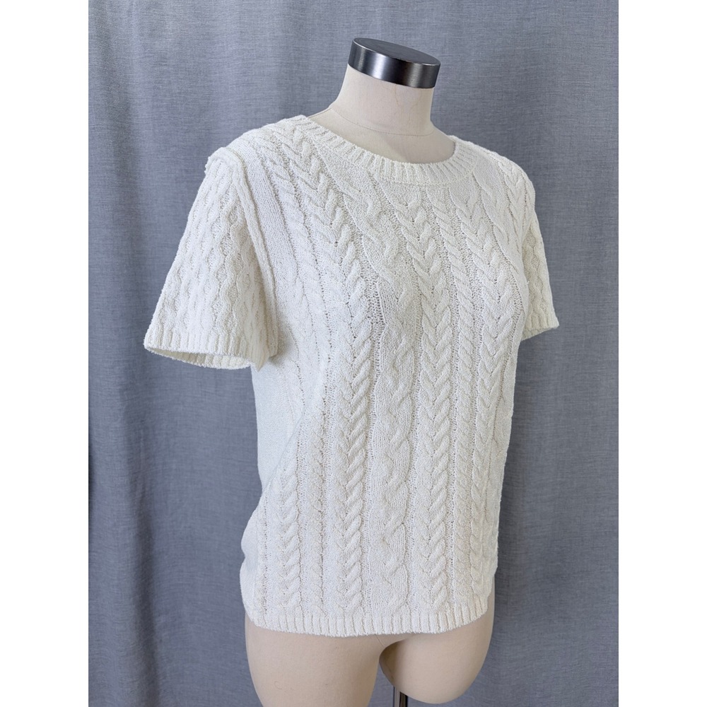 BURU Short Sleeve Cable Knit Sweater Cream Textured Crew Neck L/XL